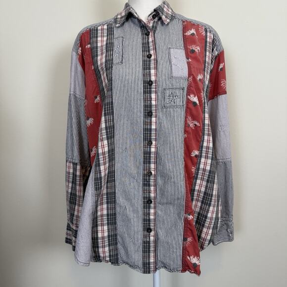 Free People Button Up Shirt Women Small Patchwork Distressed Hi-Lo Boho Cottage‎ - Picture 1 of 14